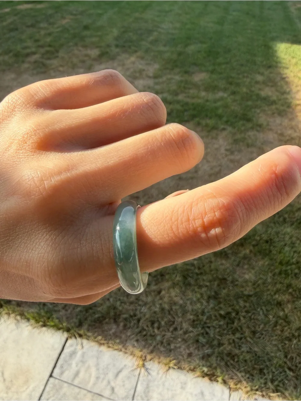 Natural Type A Burmese Icy Jadeite Solid Band Ring with Floating Green Flowers